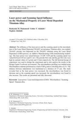 PDF Document Cover - Influence of Laser Power and Scanning Speed on Ti6Al4V Microhardness in Laser Metal Deposition