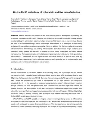 PDF Document Cover - On-the-fly 3D Metrology for Volumetric Additive Manufacturing: Real-time Defect Detection and Correction