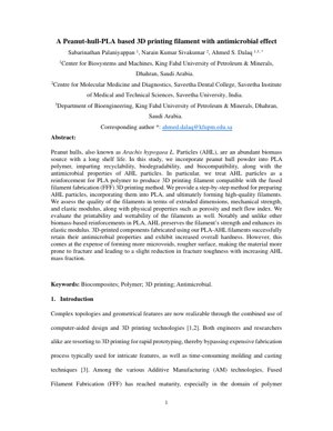 PDF Document Cover - Development and Analysis of an Antimicrobial 3D Printing Filament from Peanut Hull-PLA Composite